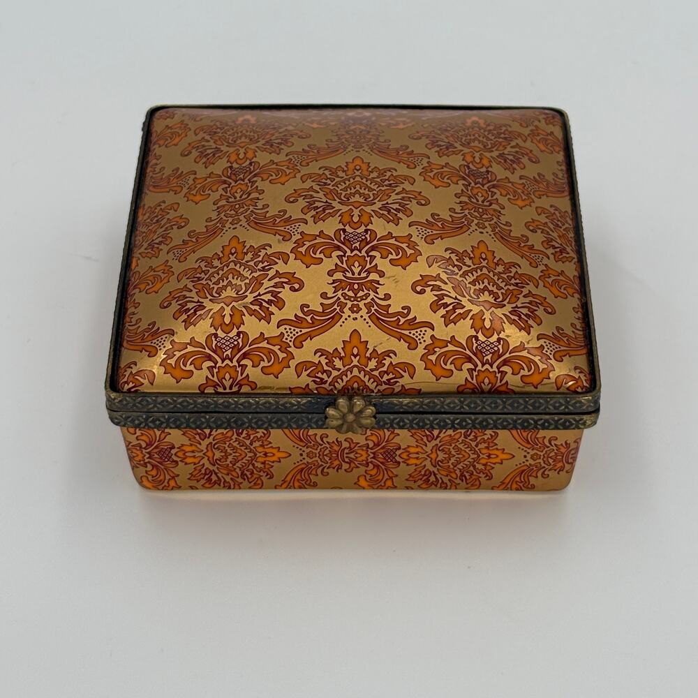 Vintage 1960s Gold Damask Porcelain Trinket Box Hinged Square Jewelry Case